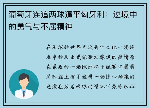葡萄牙连追两球逼平匈牙利：逆境中的勇气与不屈精神