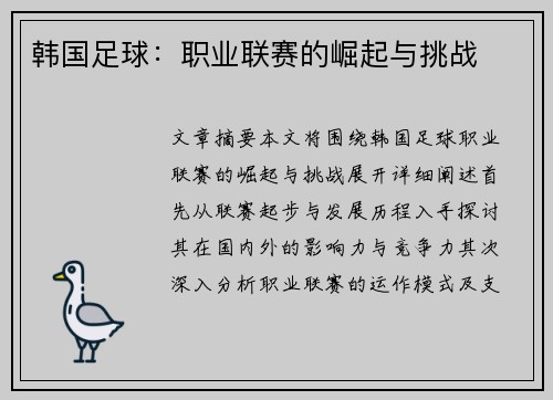 韩国足球：职业联赛的崛起与挑战