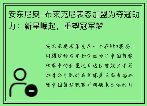安东尼奥-布莱克尼表态加盟为夺冠助力：新星崛起，重塑冠军梦